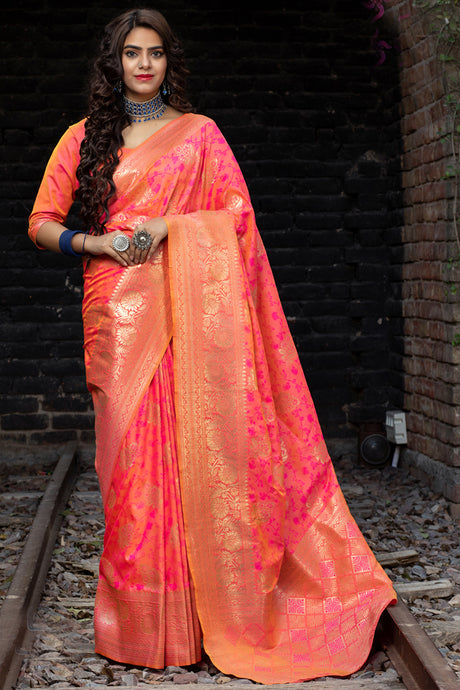 Buy Banarasi Art Silk Woven Saree In Rani Pink