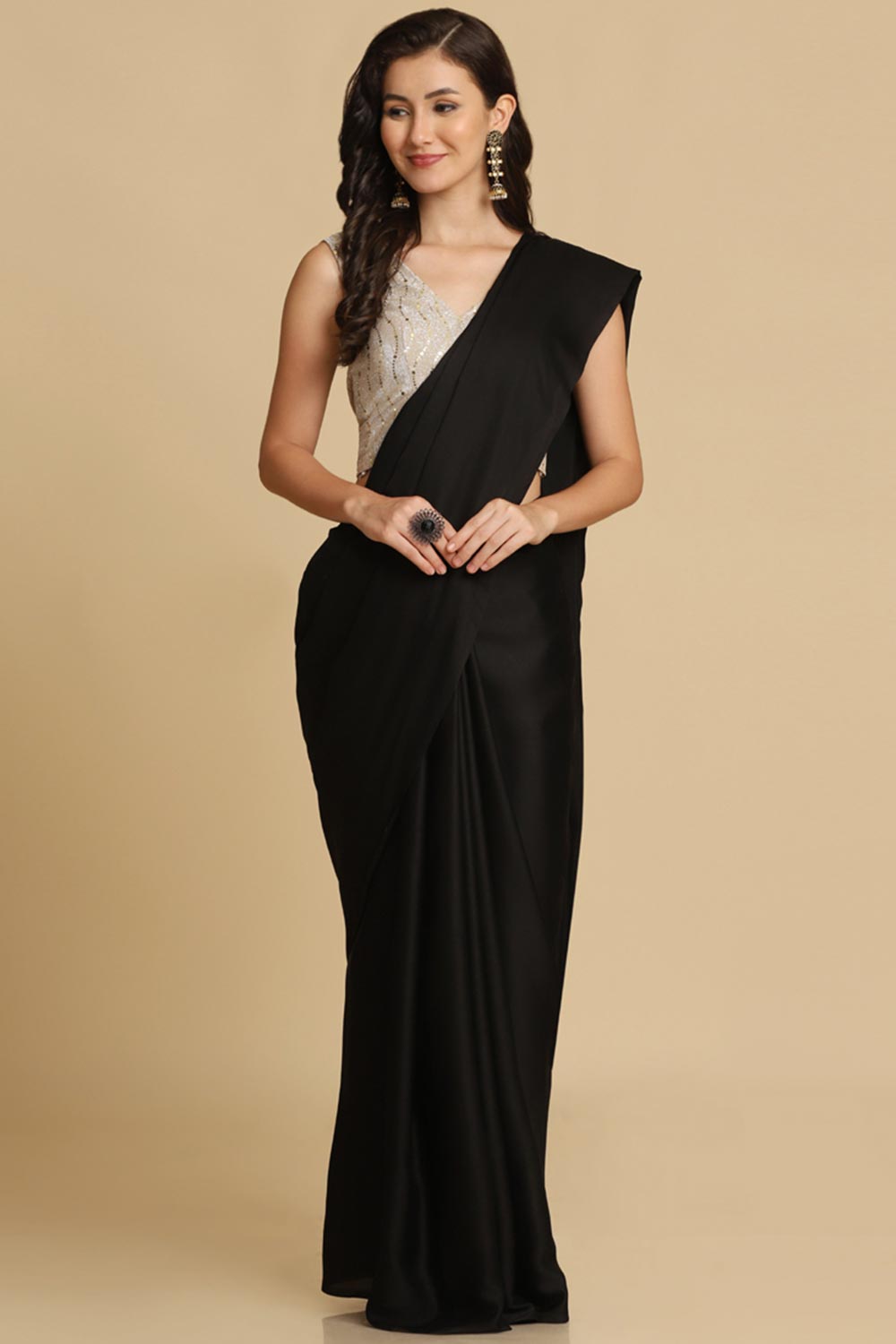 Buy Black Zari Woven Fancy Satin Sarees Online