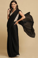 Buy Black Zari Woven Fancy Satin Sarees Online - Back