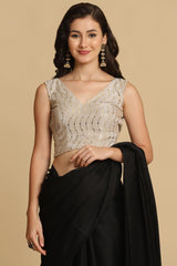 Buy Black Zari Woven Fancy Satin Sarees Online - Side