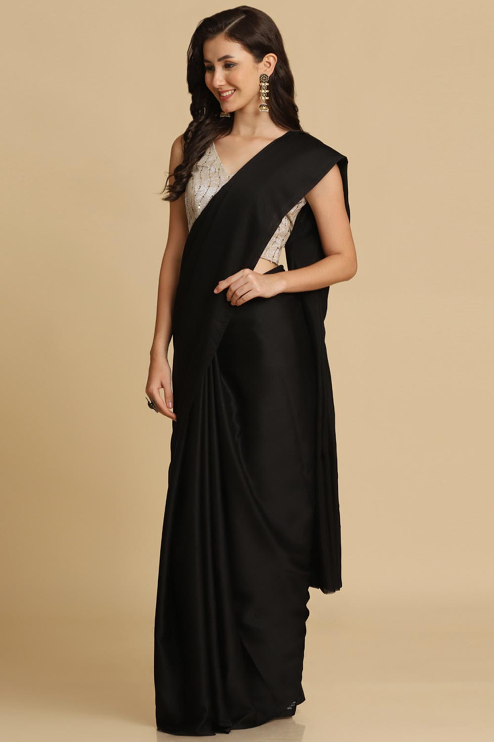 Buy Black Zari Woven Fancy Satin Sarees Online - Zoom In