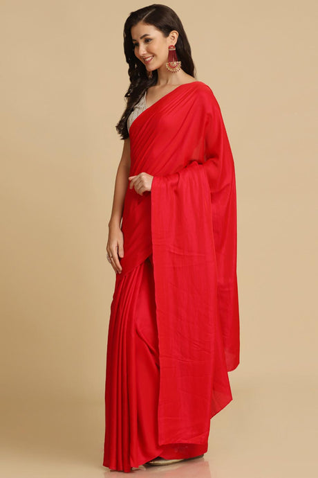 Buy Red Zari Woven Fancy Satin Sarees Online - Back