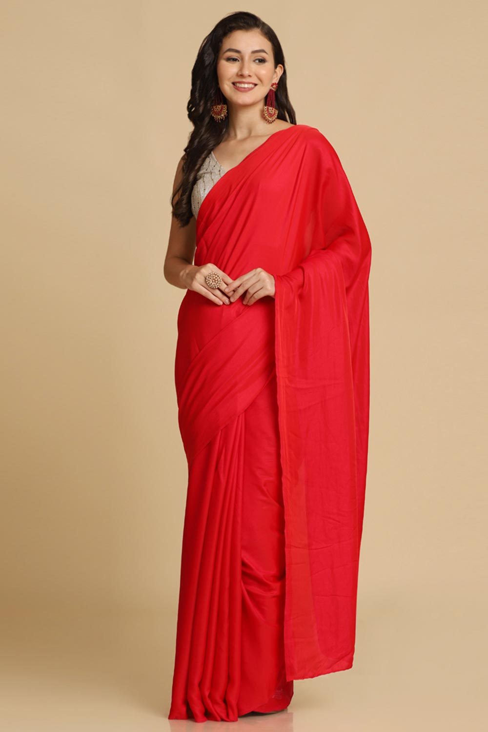 Buy Red Zari Woven Fancy Satin Sarees Online - Side