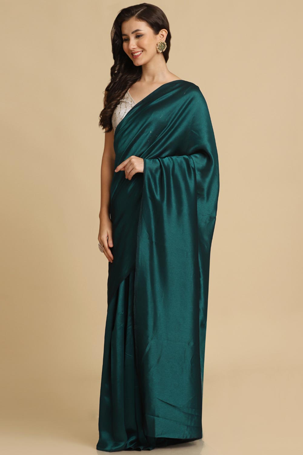 Buy Teal Zari Woven Fancy Satin Sarees Online - Back