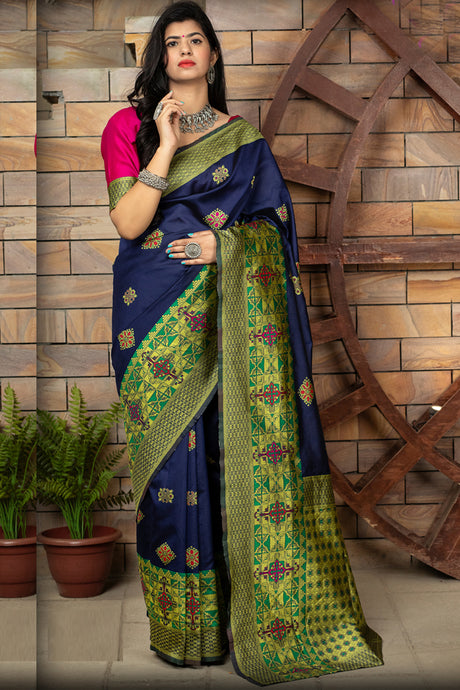 Buy Banarasi Art Silk Woven Saree In Navy Blue