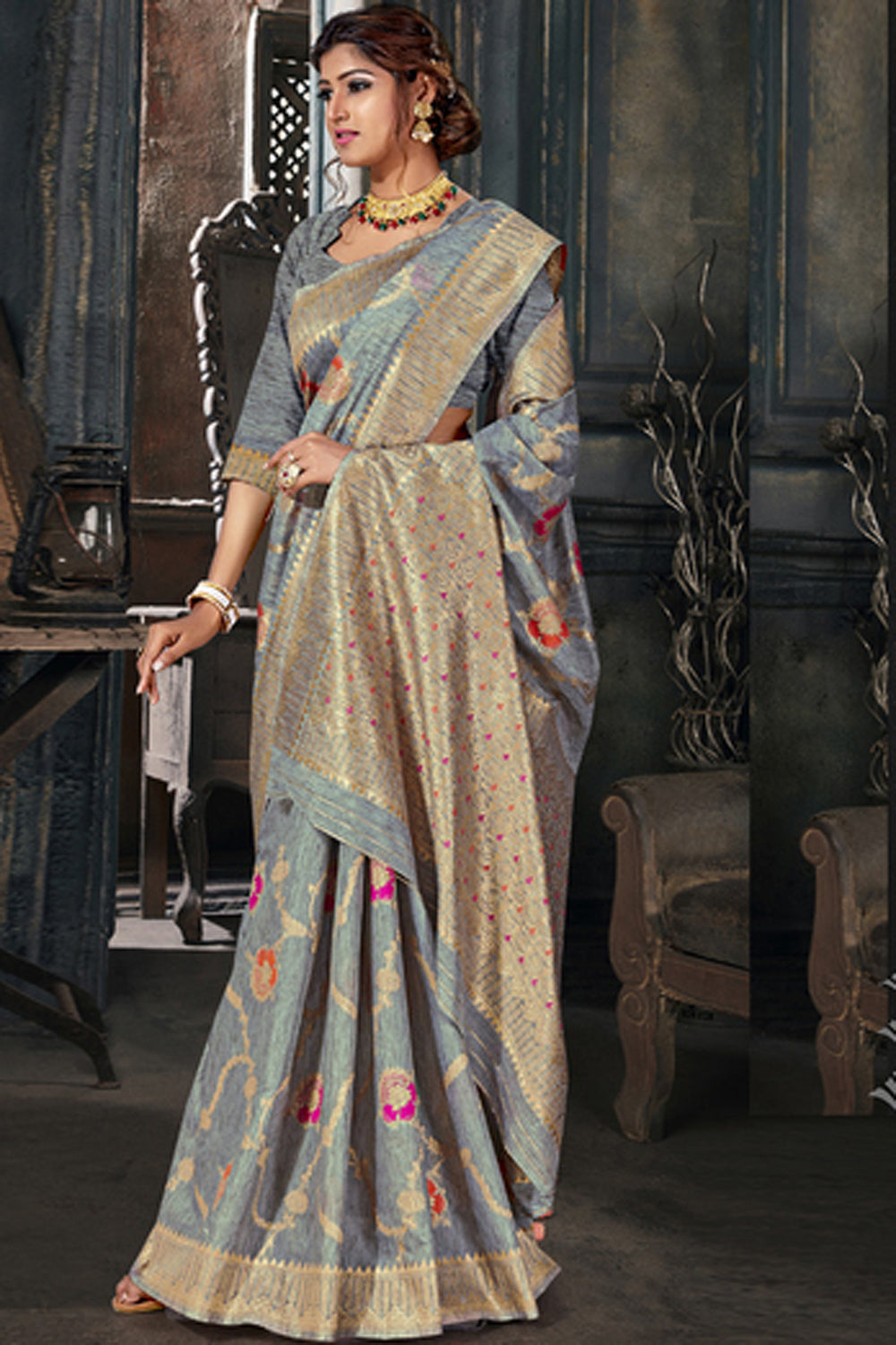 Cotton Art Silk Zari Saree In Grey