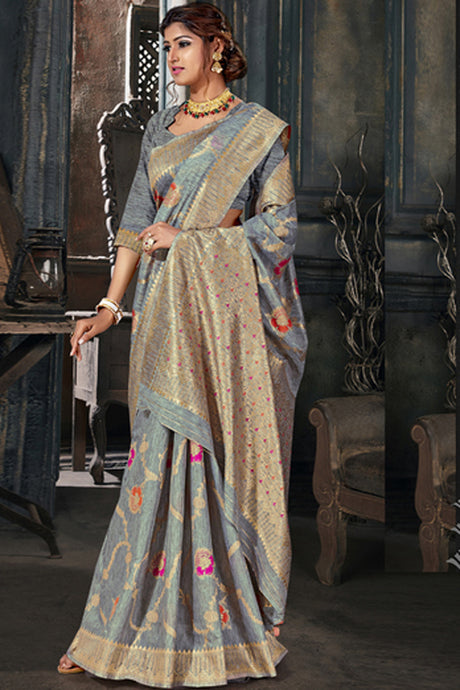 Cotton Art Silk Zari Saree In Grey