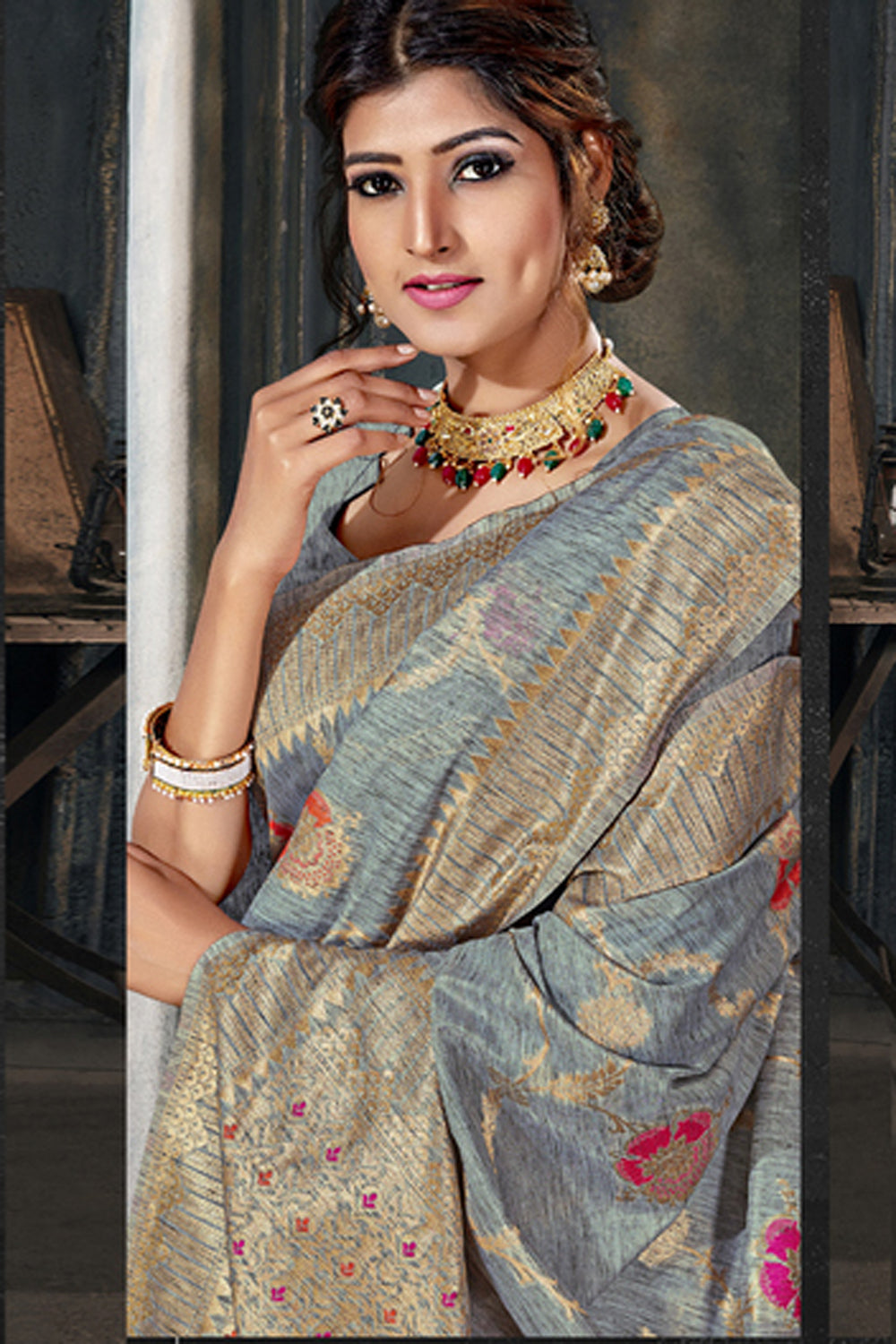 Cotton Art Silk Zari Saree In Grey