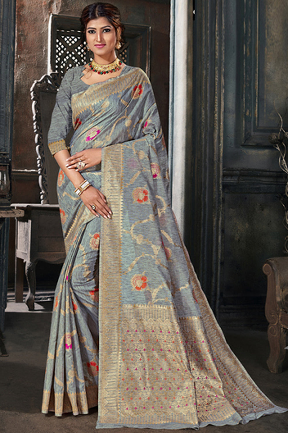 Cotton Art Silk Zari Saree In Grey