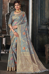 Cotton Art Silk Zari Saree In Grey