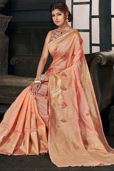 Cotton Art Silk Zari Saree In Peach