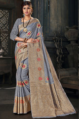 Cotton Art Silk Zari Saree In Grey