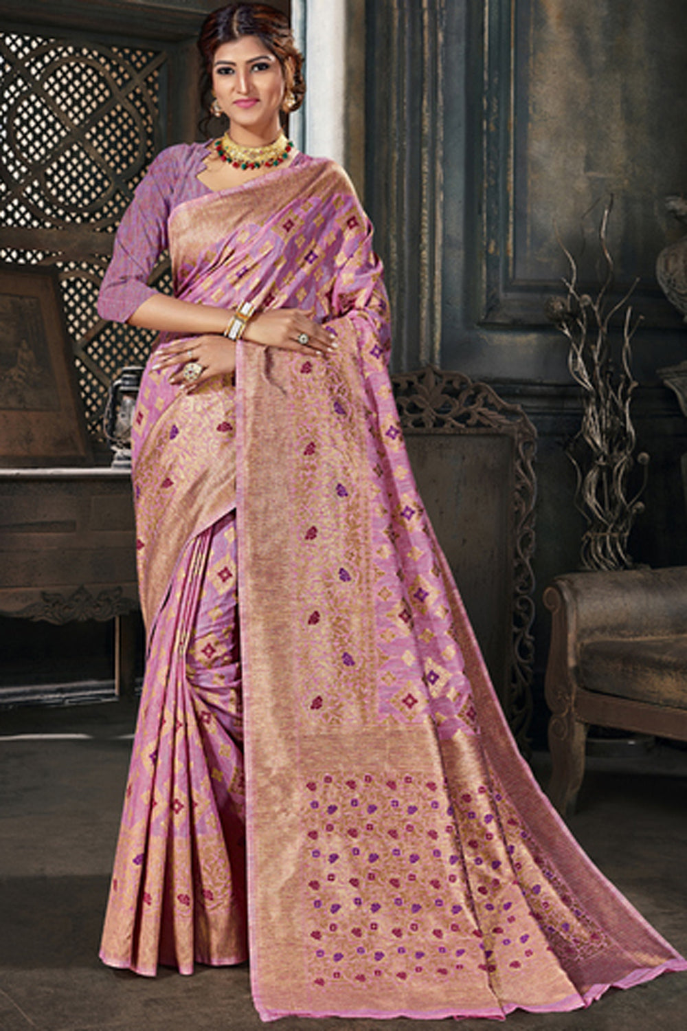 Cotton Art Silk Zari Saree In Light Violet