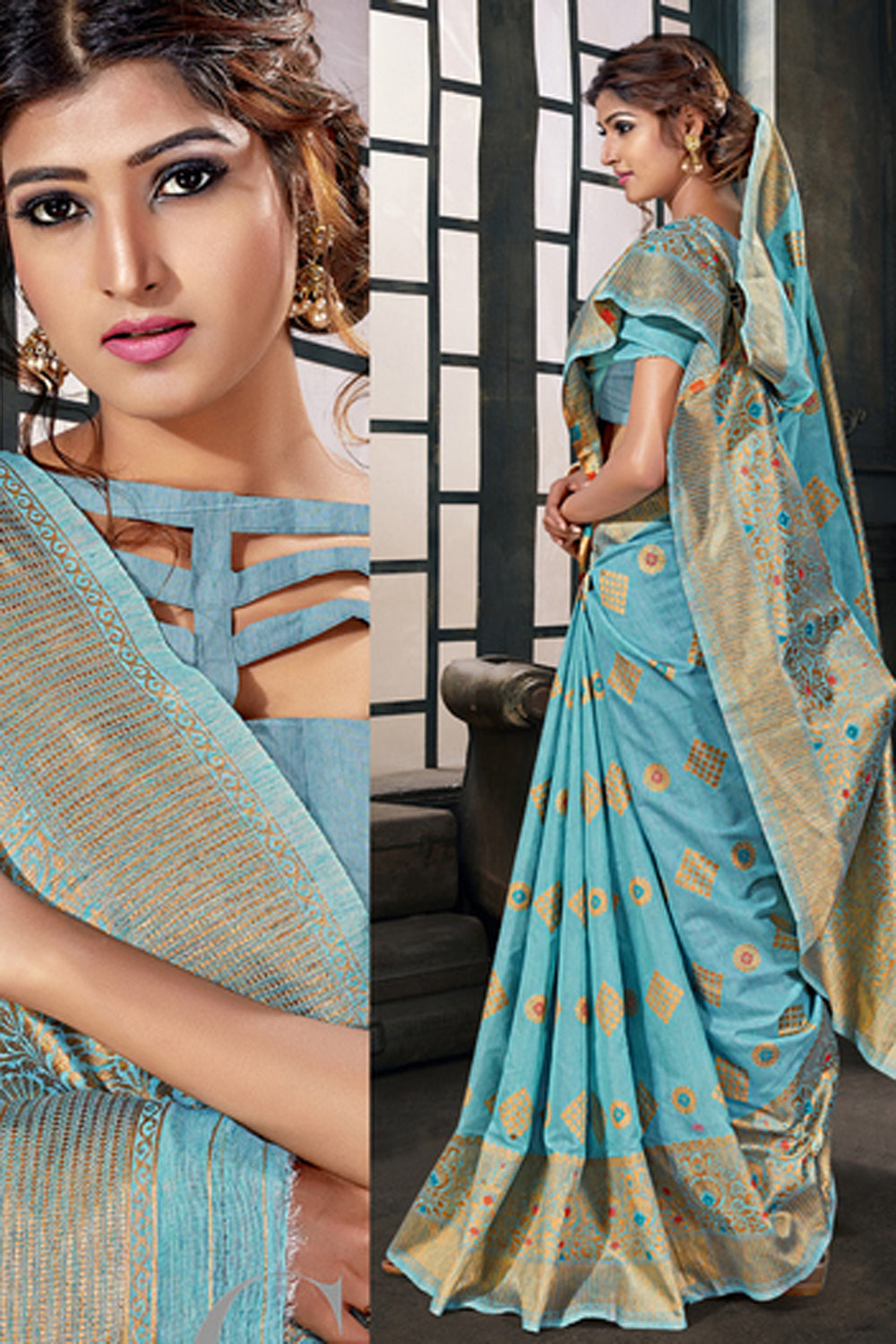 Cotton Art Silk Zari Saree In Sky Blue