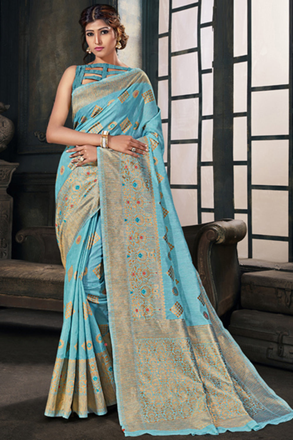 Cotton Art Silk Zari Saree In Sky Blue