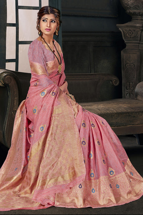 Cotton Art Silk Zari Saree In Pink