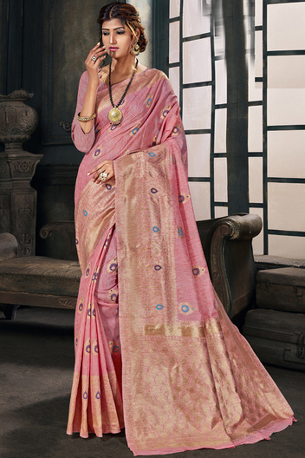 Cotton Art Silk Zari Saree In Pink