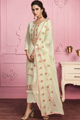 Off White Georgette Resham Embroidery Pant Suit Set