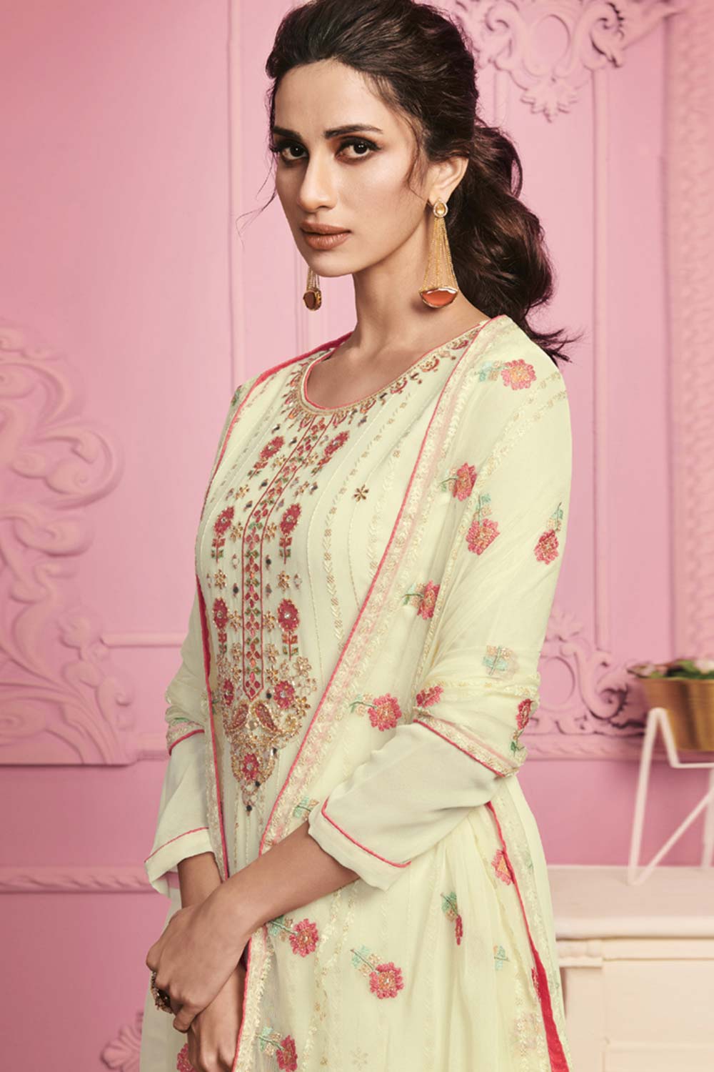 Buy Off-white georgette resham embroidery Pant Suit Set Online - Back