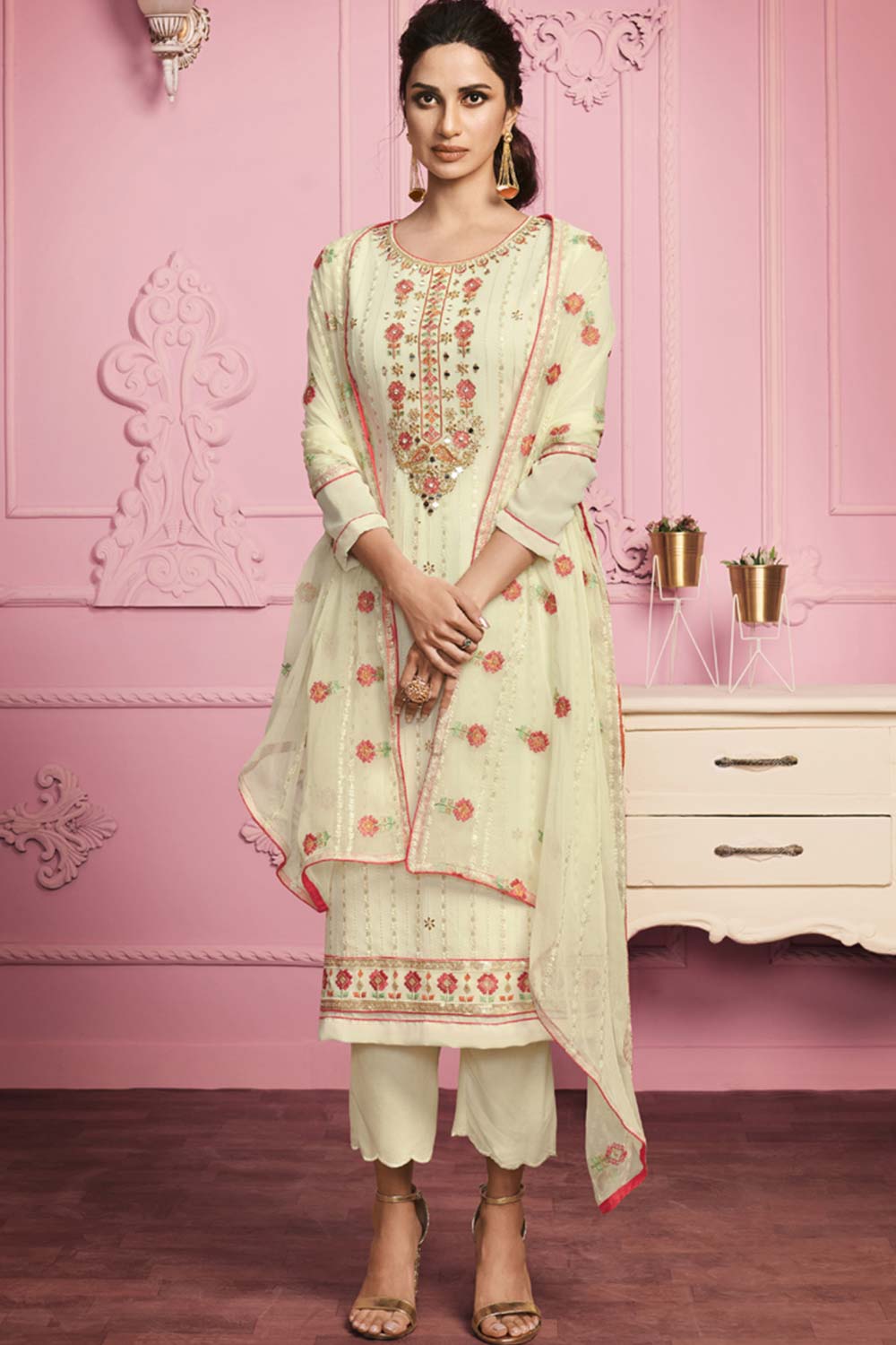 Buy Off-white georgette resham embroidery Pant Suit Set Online - Side