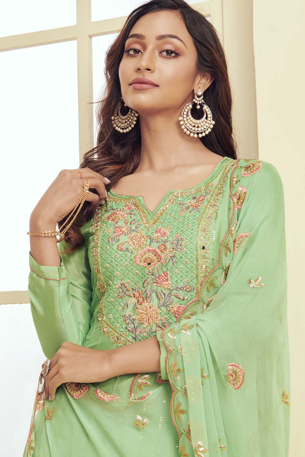 Sea Green Georgette Resham Embroidery Pant Suit Set