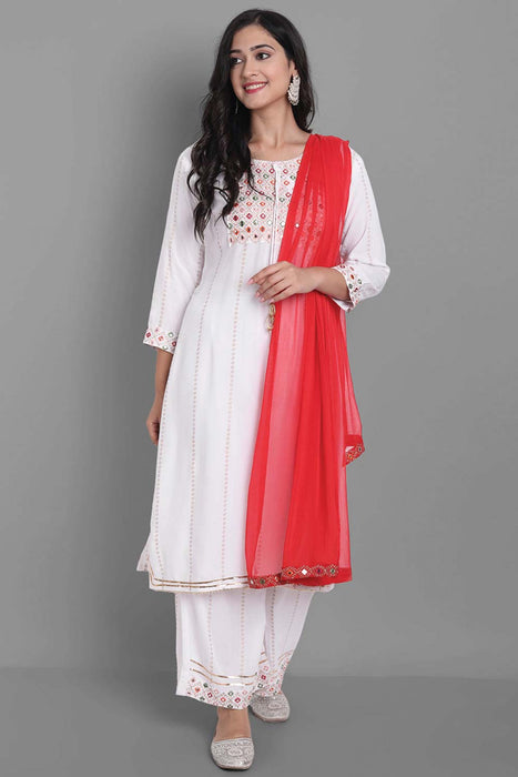 White suit with red shop dupatta online