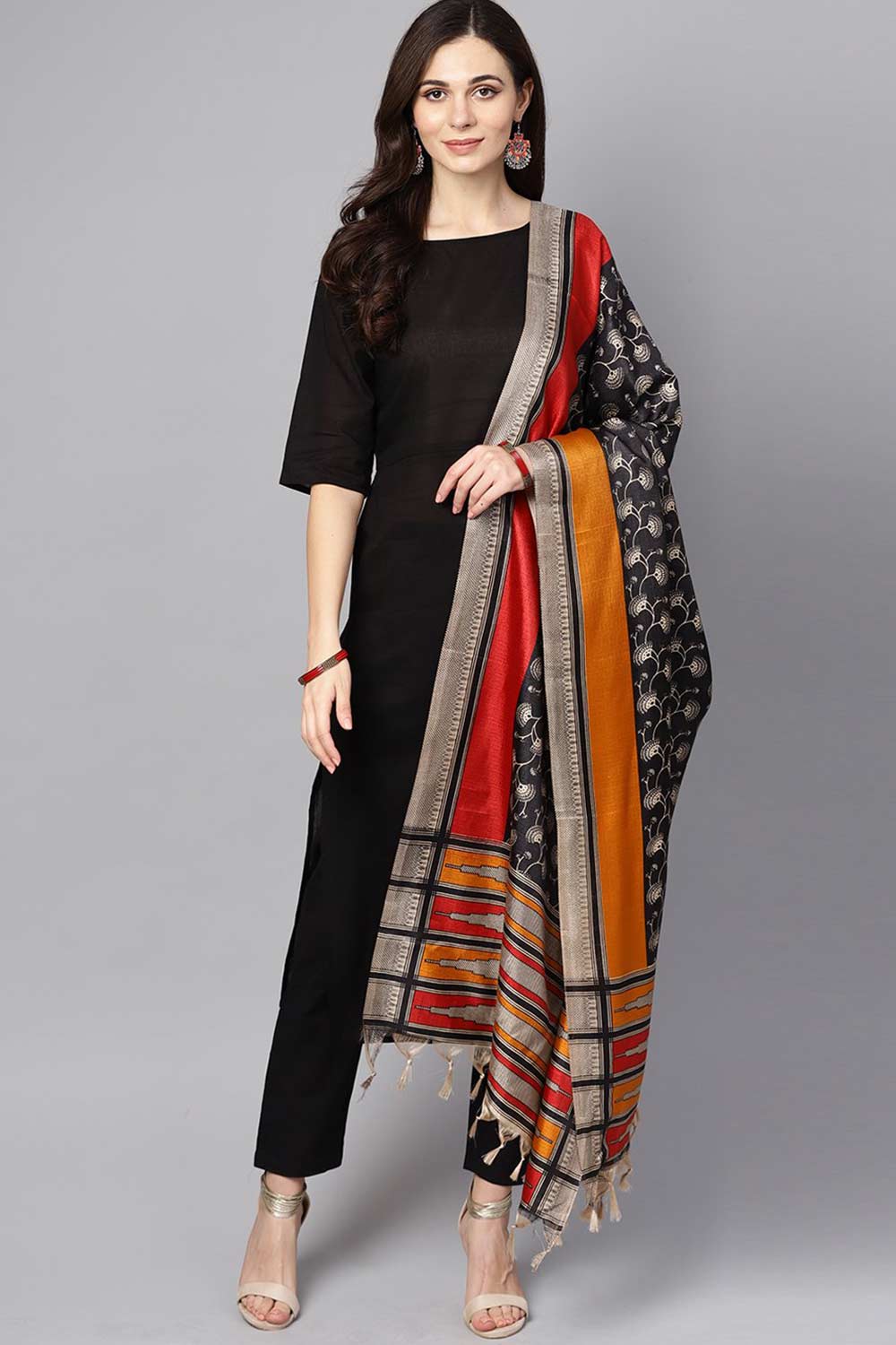 Buy Black 3/4th sleeve cotton Palazzo Suit Set and printed dupatta Online - Front