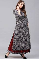 Buy Blue printed cotton kurta with red flared skirt Online - Front