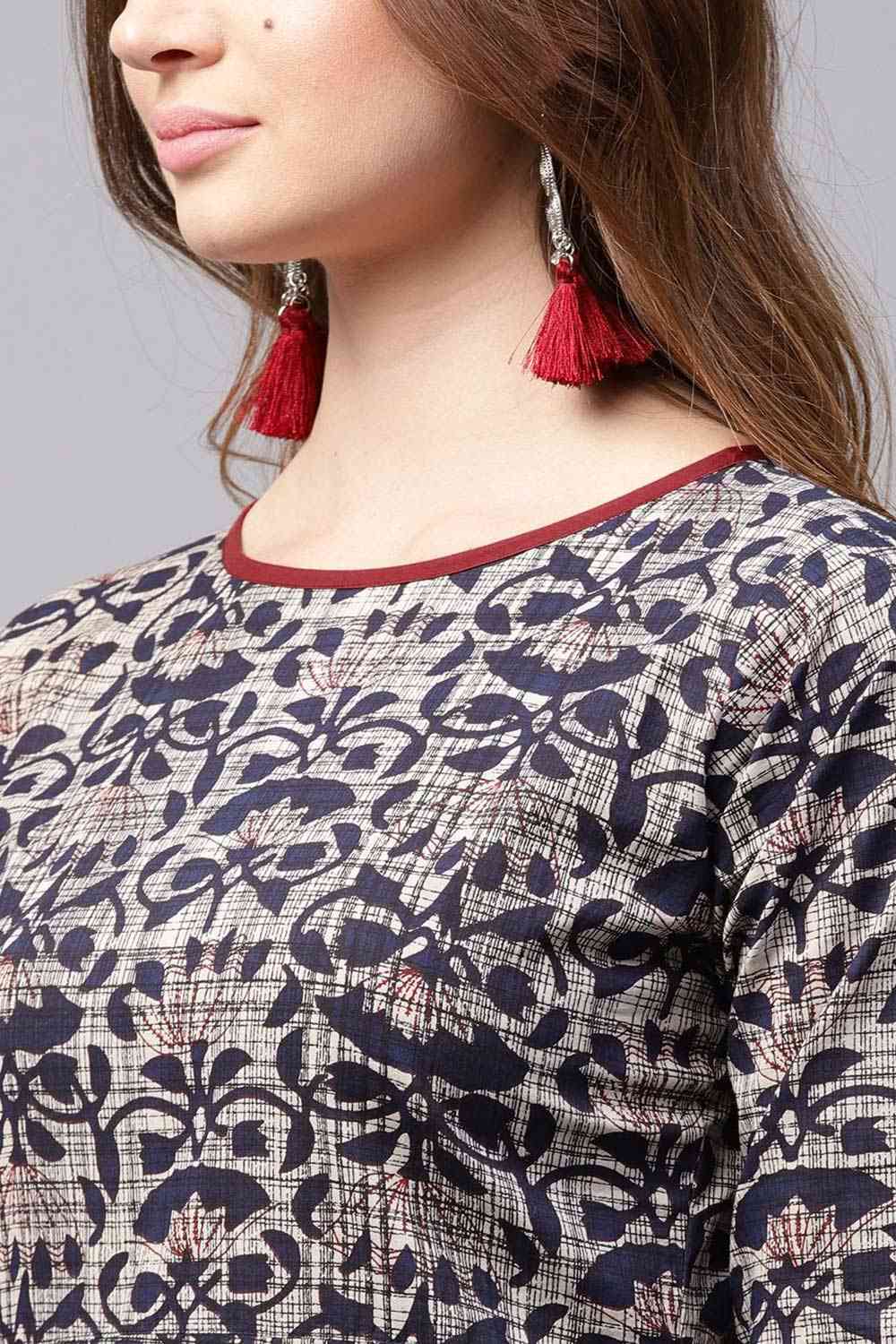 Buy Blue printed cotton kurta with red flared skirt Online - Side