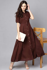 Buy Chocolate Brown Cotton Solid Maxi Dress Online - Front