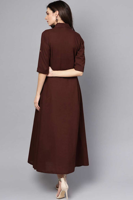 Buy Chocolate Brown Cotton Solid Maxi Dress Online - Back