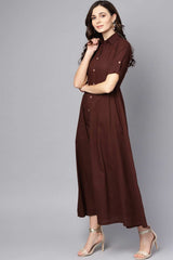 Buy Chocolate Brown Cotton Solid Maxi Dress Online - Side