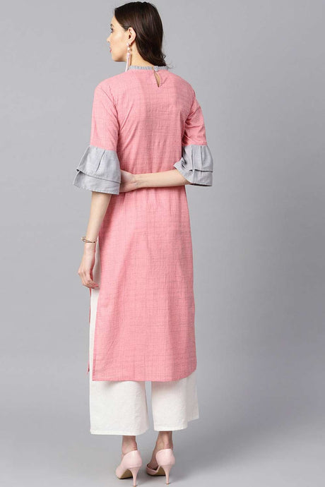 Buy Light Pink Cotton Printed Flared Kurta Online - Back
