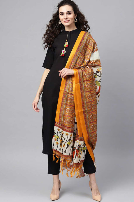 Buy Solid Black Pant Suit Set And Bhagalpuri Multi Colored Dupatta Online - Front