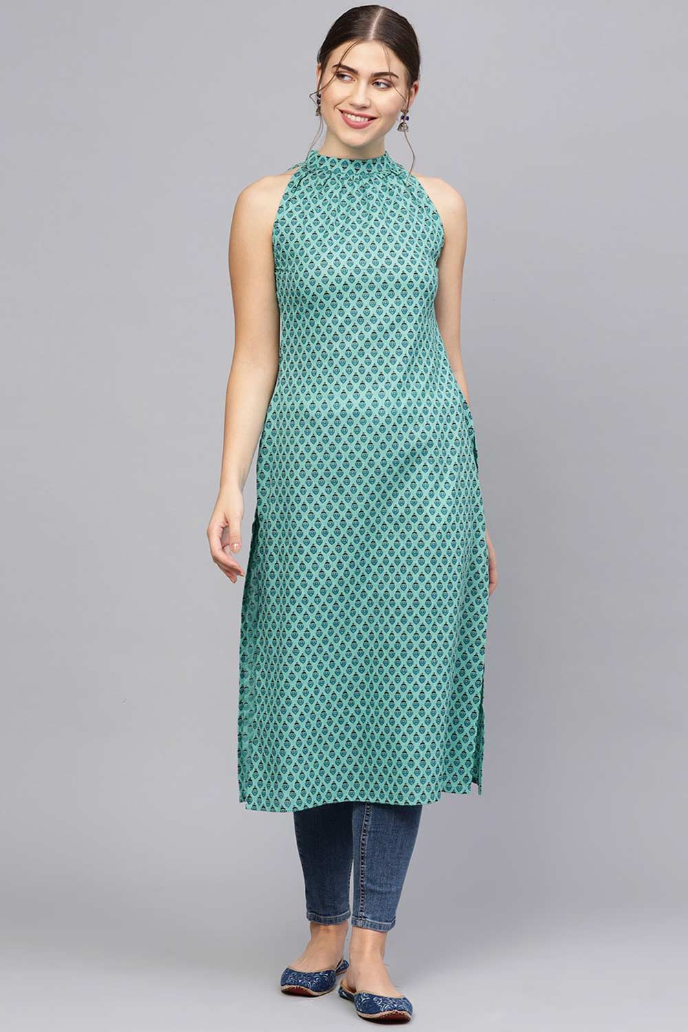 Buy Green & Blue Cotton geometric Printed Straight Kurta Online - Front