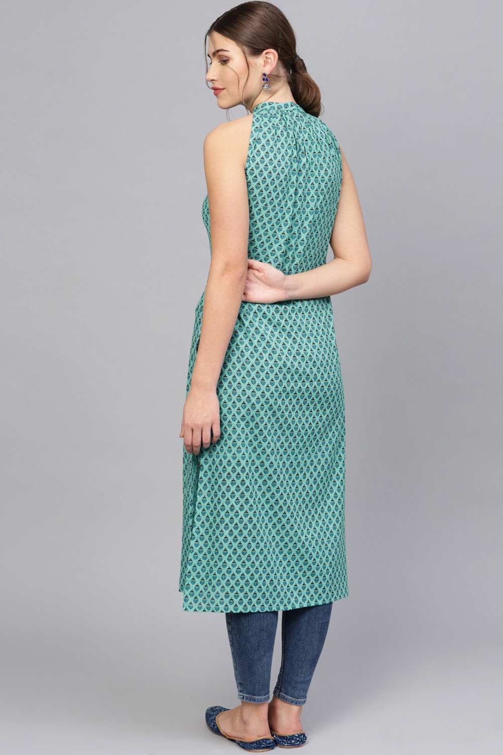 Buy Green & Blue Cotton geometric Printed Straight Kurta Online - Back