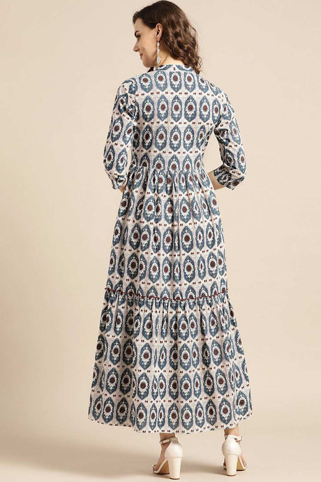 Buy White Cotton Ethnic Motifs geometric Printed Flare Dress Online