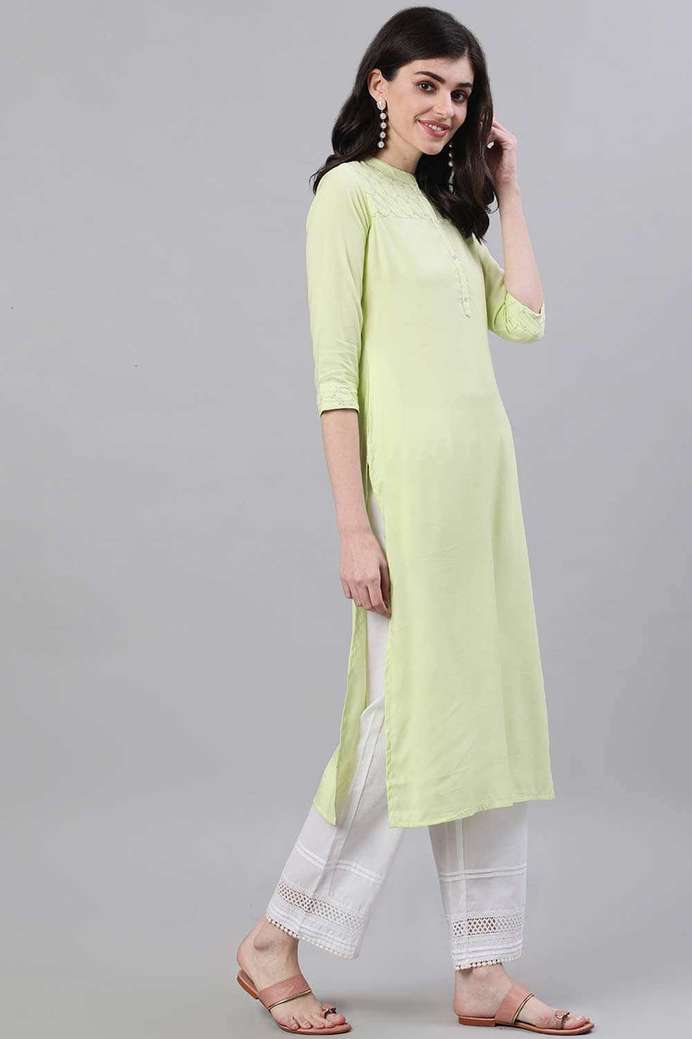 Buy Lime Green Viscose rayon Hand Embroidred Straight Kurta Online - Front
