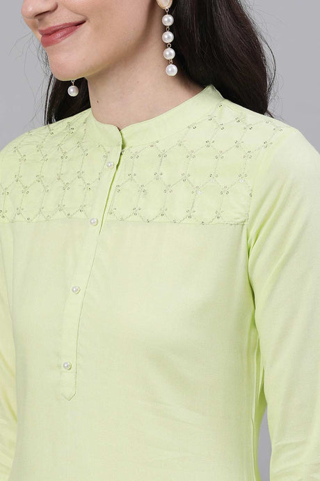 Buy Lime Green Viscose rayon Hand Embroidred Straight Kurta Online - Back