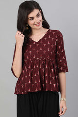 Buy Wine Cotton geometric Printed A line Top Online - Front