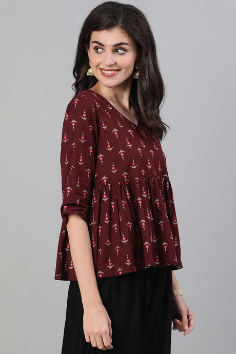 Buy Wine Cotton geometric Printed A line Top Online