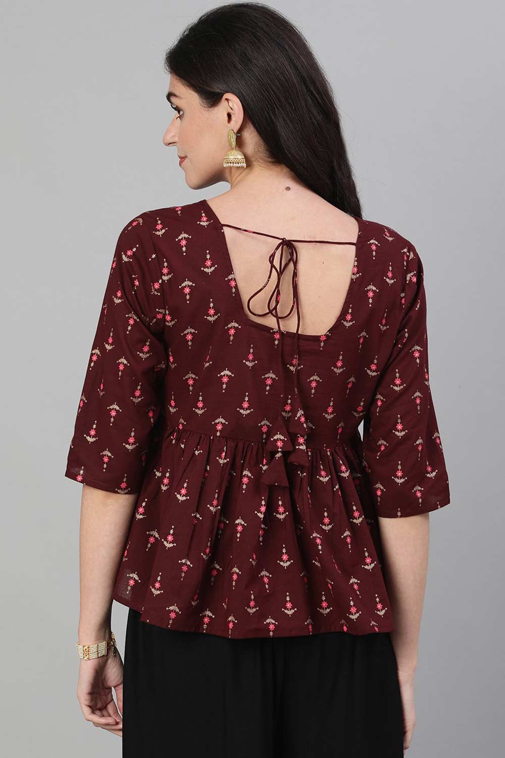 Buy Wine Cotton geometric Printed A line Top Online - Side