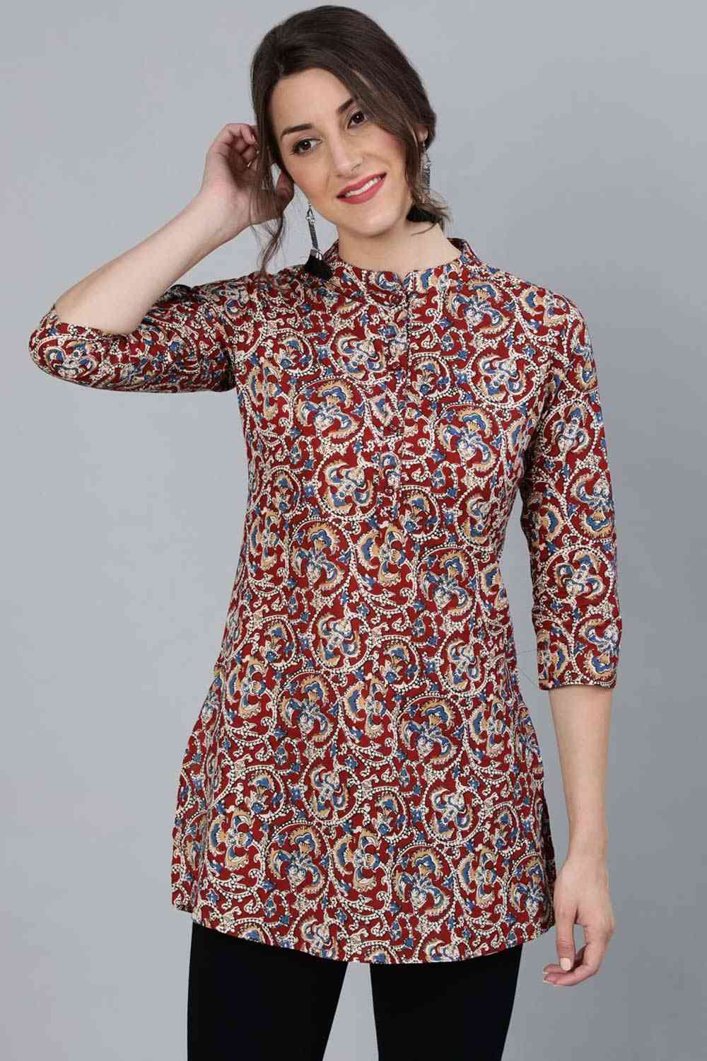 Buy Maroon Cotton Floral Printed Tunic Online - Front