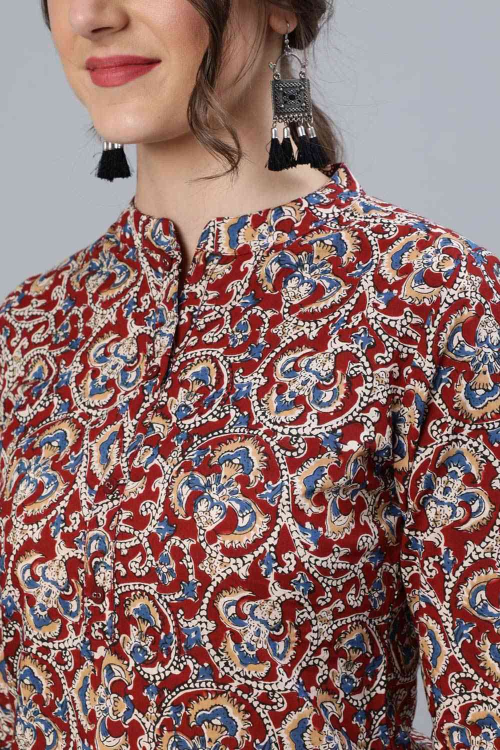 Buy Maroon Cotton Floral Printed Tunic Online - Back