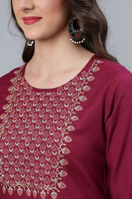 Buy Burgundy Embroidered Straight Palazzo Suit Set Online - Back