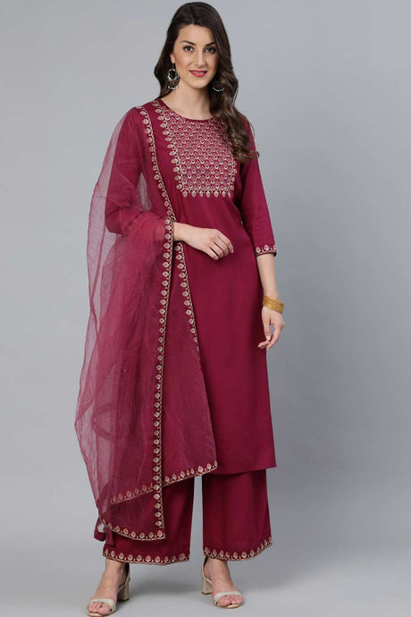 Buy Burgundy Embroidered Straight Palazzo Suit Set Online