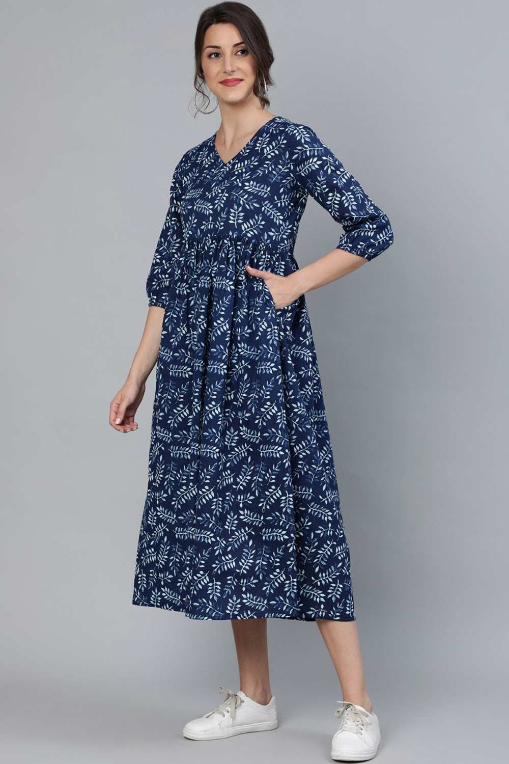 Buy Indigo Blue Cotton Floral Printed Dress Online - Front