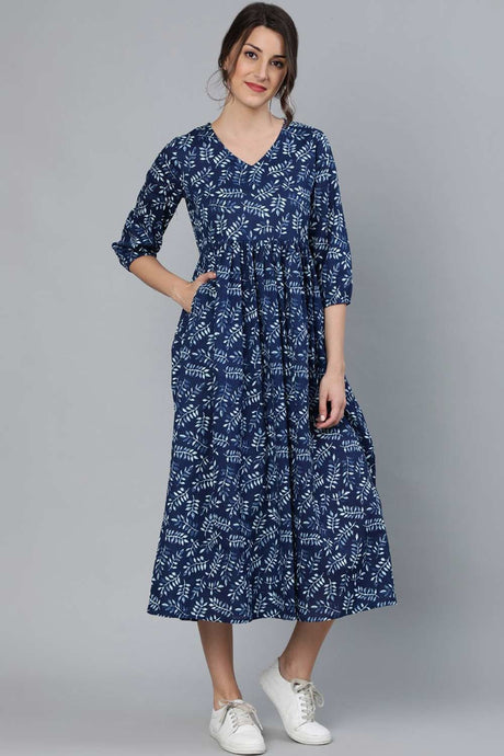 Buy Indigo Blue Cotton Floral Printed Dress Online