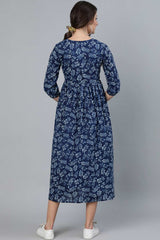 Buy Indigo Blue Cotton Floral Printed Dress Online - Side