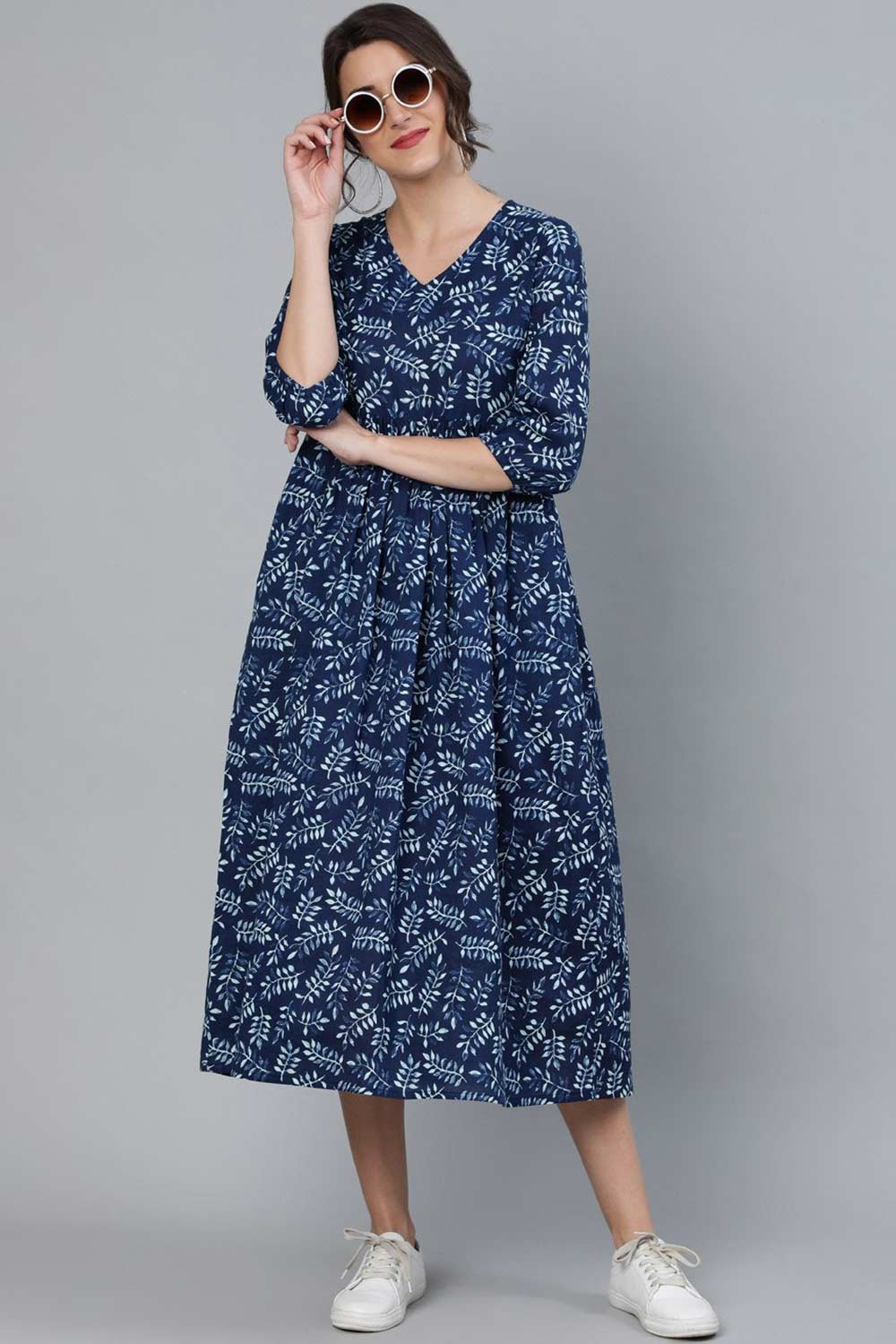 Buy Indigo Blue Cotton Floral Printed Dress Online - Zoom In